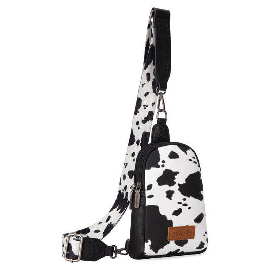 WG133-210  Wrangler Cow  Print Crossbody Sling Chest Bag  - Black