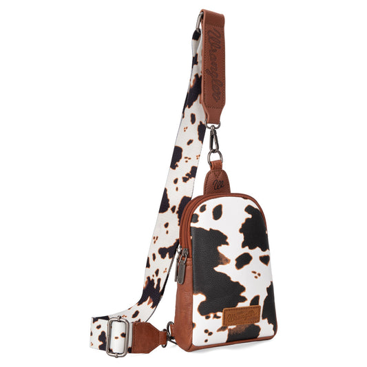 WG133-210  Wrangler Cow  Print Crossbody Sling Chest Bag  - Brown