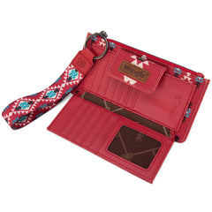 WG139-W013 Wrangler Aztec Print Bi-Fold Wallet Wristlet - Burgundy