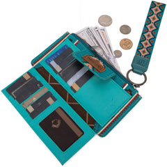 WG139-W013 Wrangler Aztec Print Bi-Fold Wallet Wristlet -Dark Turquoise