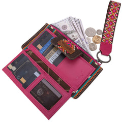 WG139-W013 Wrangler Aztec Print Bi-Fold Wallet Wristlet - Hot Pink