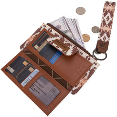 WG139-W013 Wrangler Aztec Print Bi-Fold Wallet Wristlet - Light Coffee