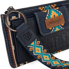 WG139-W013 Wrangler Aztec Print Bi-Fold Wallet Wristlet - Navy