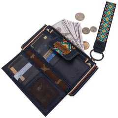 WG139-W013 Wrangler Aztec Print Bi-Fold Wallet Wristlet - Navy