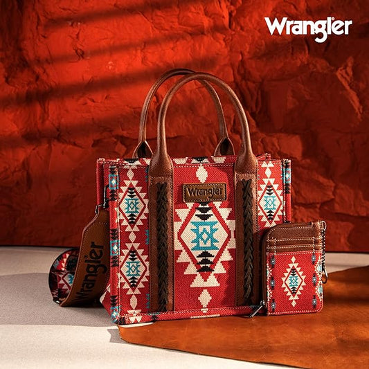 Wrangler Aztec Small Tote/Crossbody and Card Case Set 2Pc- Burgundy