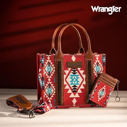 Wrangler Aztec Small Tote/Crossbody and Card Case Set 2Pc- Burgundy