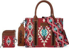 Wrangler Aztec Small Tote/Crossbody and Card Case Set 2Pc- Burgundy