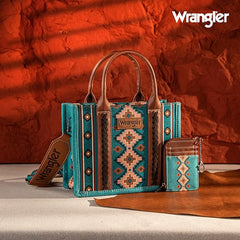 Wrangler Aztec Small Tote/Crossbody and Card Case Set 2Pc- Turquoise