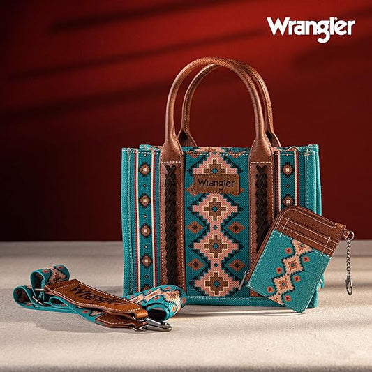 Wrangler Aztec Small Tote/Crossbody and Card Case Set 2Pc- Turquoise