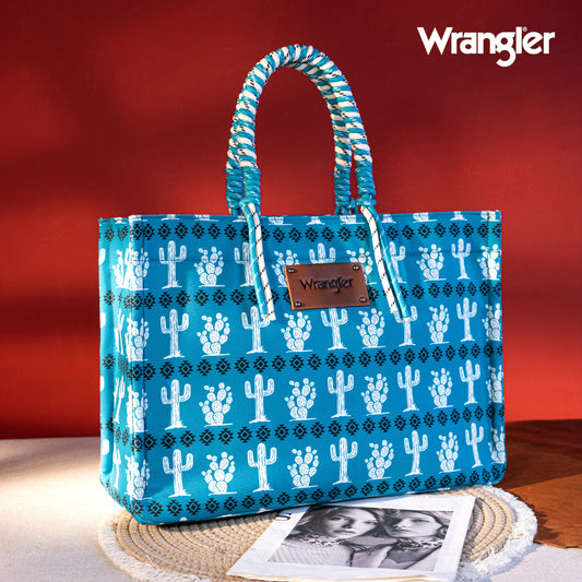 WG284-8119B Wrangler Cactus Oversized Tote Bag Braided Handles Weekender Bag - Turquoise