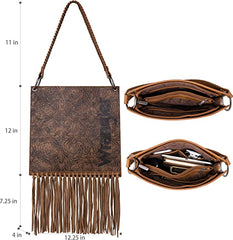 WG45G-918 Wrangler Floral Embossed Fringe Concealed Carry Hobo/Crossbody - Brown