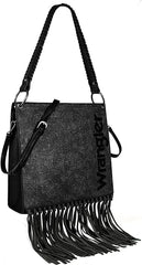 WG45-G918 Wrangler Floral Embossed Fringe Concealed Carry Hobo/Crossbody  - Black