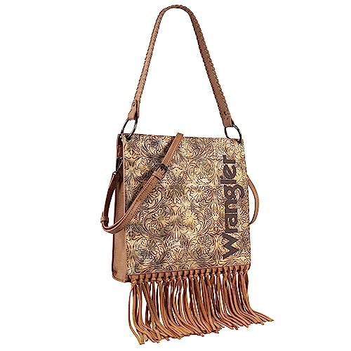 WG45-G918 Wrangler Floral Embossed Fringe Concealed Carry Hobo/Crossbody - Khaki