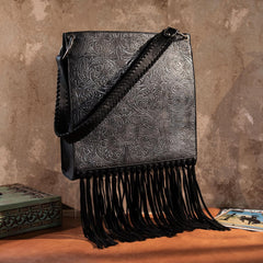 WG45-G918 Wrangler Floral Embossed Fringe Concealed Carry Hobo/Crossbody  - Black