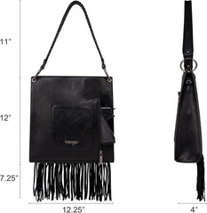 WG45-G918 Wrangler Floral Embossed Fringe Concealed Carry Hobo/Crossbody  - Black