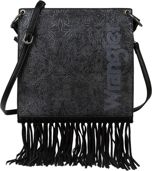 WG45-G918 Wrangler Floral Embossed Fringe Concealed Carry Hobo/Crossbody  - Black