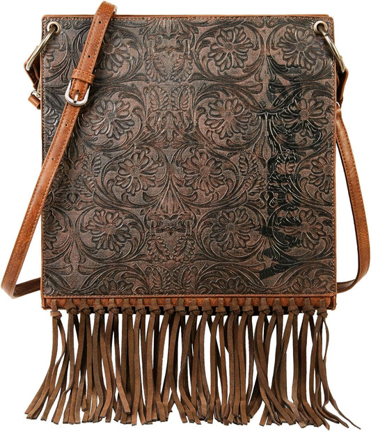 WG45G-918 Wrangler Floral Embossed Fringe Concealed Carry Hobo/Crossbody - Brown