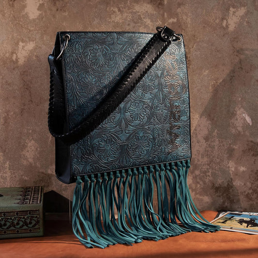 WG45G-918 Wrangler Floral Embossed Fringe Concealed Carry Hobo/Crossbody - Turquoise