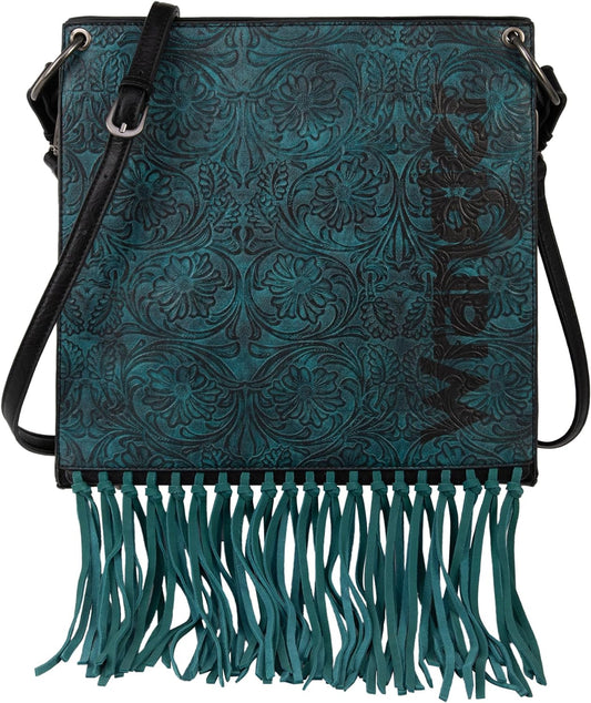 WG45G-918 Wrangler Floral Embossed Fringe Concealed Carry Hobo/Crossbody - Turquoise