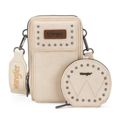 WG48S-270 Wrangler Crossbody Cell Phone Purse 2 Zippered Compartment with Coin Pouch - Tan