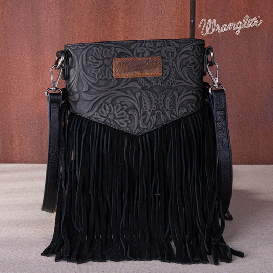 WG63-G8360A  Wrangler Vintage Floral Embossed Fringe Crossbody - Black