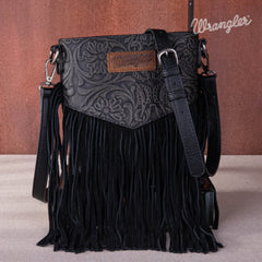 WG63-G8360A  Wrangler Vintage Floral Embossed Fringe Crossbody - Black