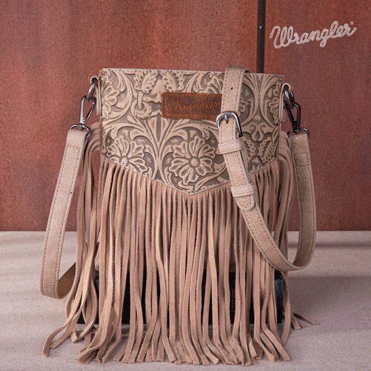 WG63-G8360A  Wrangler Vintage Floral Embossed Fringe Crossbody - Khaki