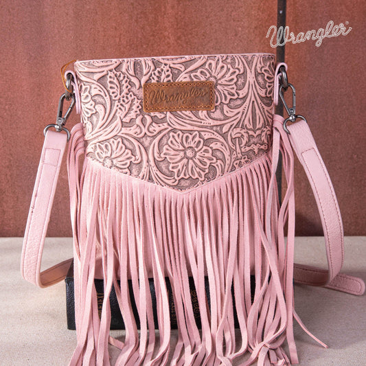 WG63-G8360A  Wrangler Vintage Floral Embossed Fringe Crossbody - Peach