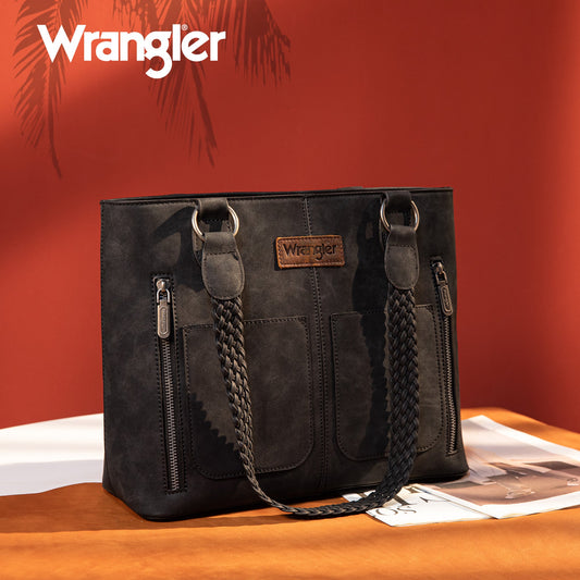 WG78-G8317  Wrangler Braided Detail Multi Pockets Concealed Carry Tote - Black