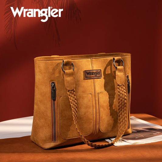 WG78-G8317  Wrangler Braided Detail Multi Pockets Concealed Carry Tote - Tan