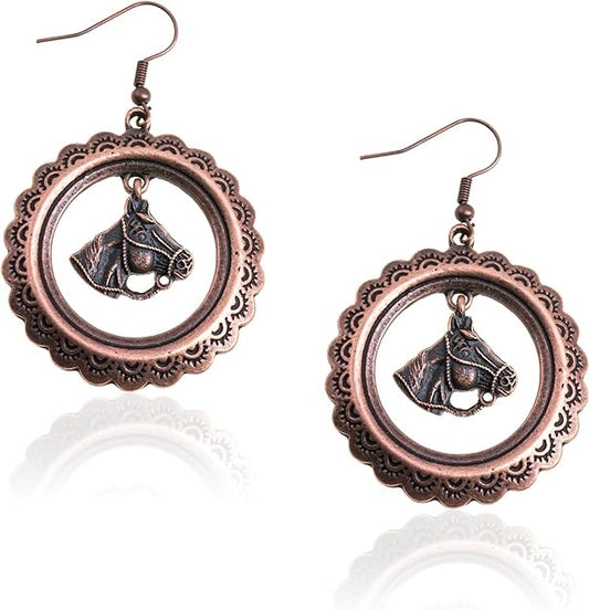 Wrangler Etched Circle Alloy Horse Head Dangling Earrings