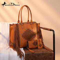 Montana West Fringe Tooled Carry Tote Set