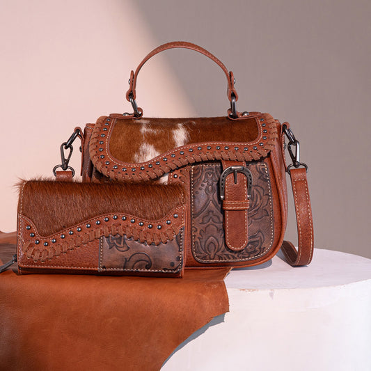 Trinity Ranch Hair-On Cowhide Saddle Shape Crossbody Satchel