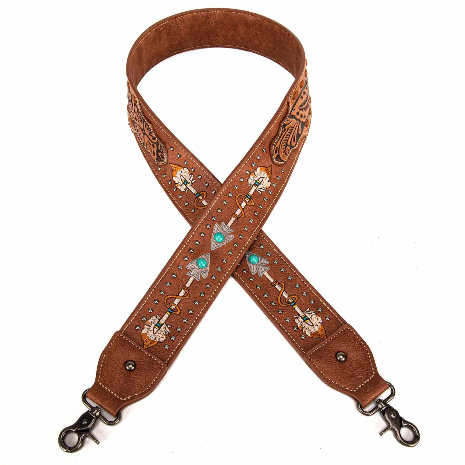 Montana West Western Guitar Style Floral Tooled Arrow" Crossbody Strap - Brown