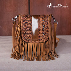 Montana West Genuine Leather Tooled Fringe Crossbody