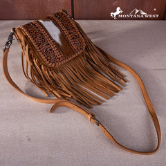 Montana West Genuine Leather Tooled Fringe Crossbody