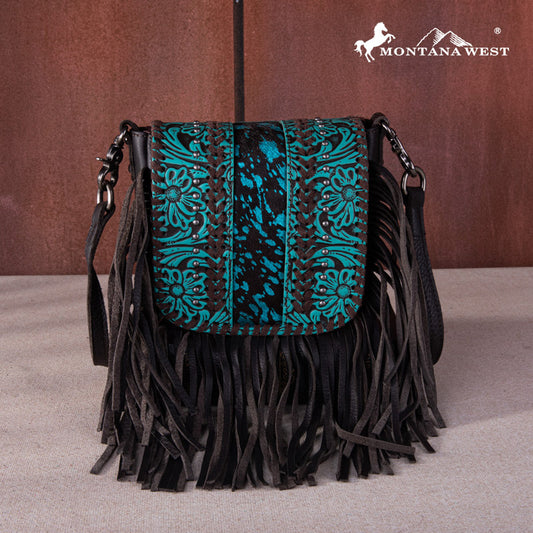 Montana West Genuine Leather Tooled Fringe Crossbody