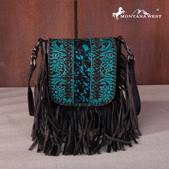 Montana West Genuine Leather Tooled Fringe Crossbody