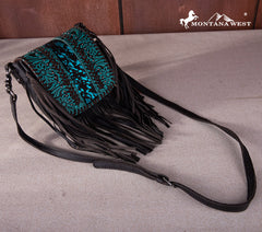 Montana West Genuine Leather Tooled Fringe Crossbody