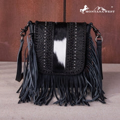 Montana West Genuine Leather Tooled Fringe Crossbody