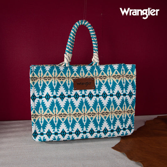 WG284-8119A Wrangler Southwestern Print  Dual Sided Print Canvas Wide Tote -Turquoise