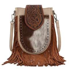 Trinity Ranch Genuine Hair-On Cowhide Tooled Fringe Crossbody Bag