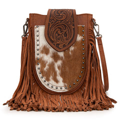 Trinity Ranch Genuine Hair-On Cowhide Tooled Fringe Crossbody Bag