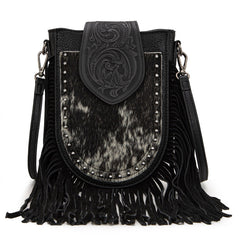 Trinity Ranch Genuine Hair-On Cowhide Tooled Fringe Crossbody Bag