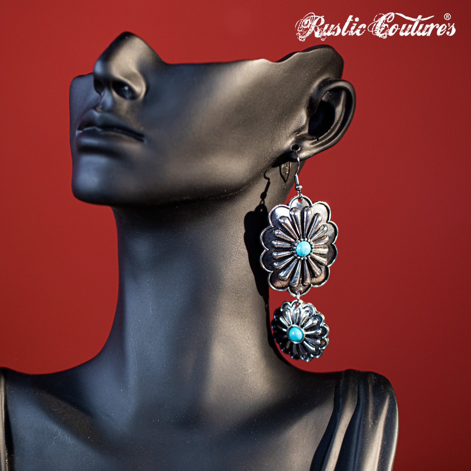 Rustic Couture's Silver Concho with Natural Stone Dangling Earring - Cowgirl Wear