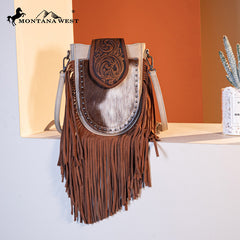 Trinity Ranch Genuine Hair-On Cowhide Tooled Fringe Crossbody Bag