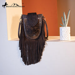 Trinity Ranch Genuine Hair-On Cowhide Tooled Fringe Crossbody Bag