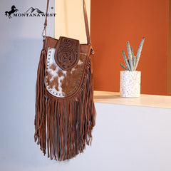 Trinity Ranch Genuine Hair-On Cowhide Tooled Fringe Crossbody Bag