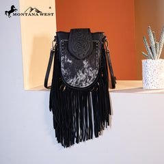 Trinity Ranch Genuine Hair-On Cowhide Tooled Fringe Crossbody Bag