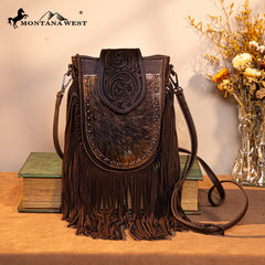 Trinity Ranch Genuine Hair-On Cowhide Tooled Fringe Crossbody Bag